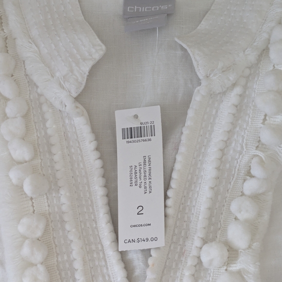 Chico’s Linen Prince Embellished Kurta Tunic Top White Pom Pom Trim Size 2 US 12 - Picture 6 of 9
